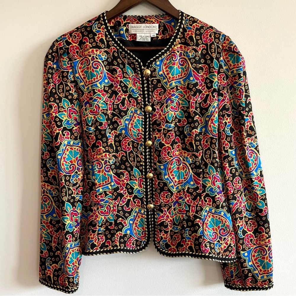 Vintage Maggy London 100% Silk Blazer Jacket Multicolor Paisley Braided Trim 10